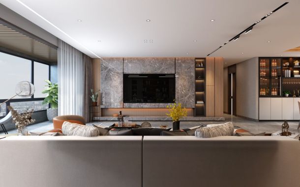 龍湖景粼天序215平現(xiàn)代風(fēng)石材格柵背景